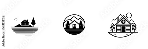 Vector illustration icons depicting various simplistic house designs in natural landscapes