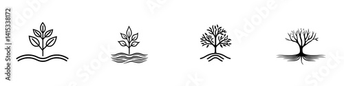 Vector illustration of plant growth stages from seedling to mature tree with roots depicted