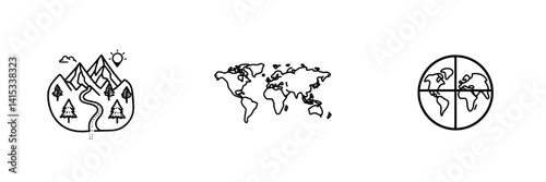 Vector illustration icons representing nature, world map, and globe suitable for educational and artistic uses