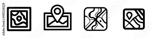 Vector illustration icons depicting various map and location marker designs for digital applications and navigation