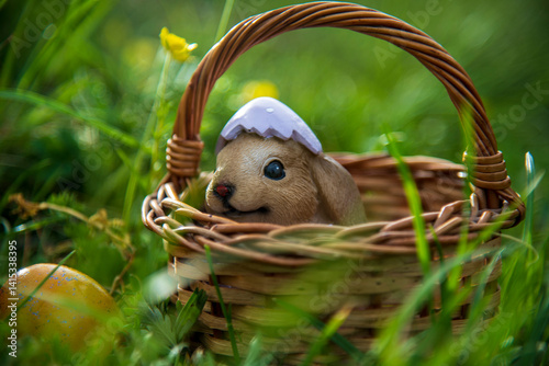 high resolution Easter theme, easter bunny and easter eggs with green background