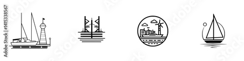 Vector illustration of maritime activities featuring sailboats, dock, and cargo ships in a nautical setting
