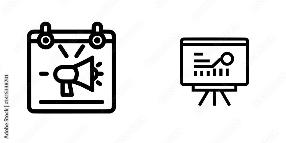 Vector illustration of a calendar with a megaphone and a presentation board displaying a growth chart Vector illustration of a calendar with a megaphone and a presentation board displaying a growth chart