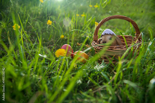 high resolution Easter theme, easter bunny and easter eggs with green background