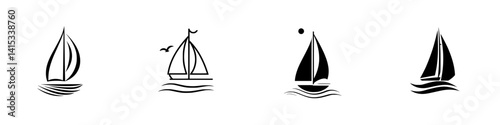 Vector illustration icons of different sailboats on water in various styles and perspectives
