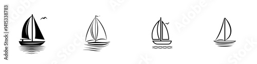 Vector illustration of sailing boats on water showcasing various designs and sail configurations in a minimalist style