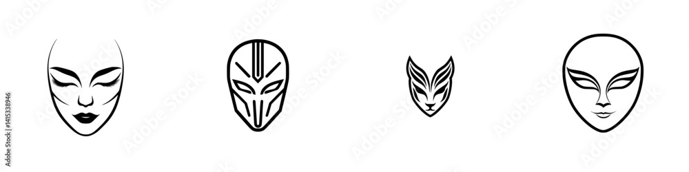 Vector illustration featuring four distinct alien face designs with varying expressions and styles Vector illustration featuring four distinct alien face designs with varying expressions and styles