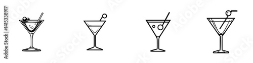 Stylized vector icons of different cocktail drinks with garnishes on a white background showcasing mixology creativity