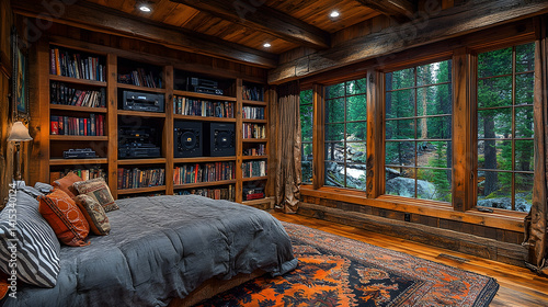 Rustic lodge bedroom with mountain view