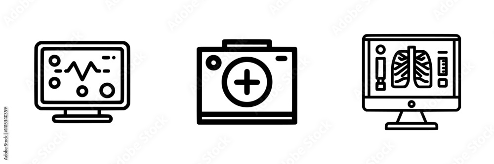 Medical technology icons representing patient monitoring, diagnostic imaging, and medical data analysis in healthcare settings Medical technology icons representing patient monitoring, diagnostic imaging, and medical data analysis in healthcare settings