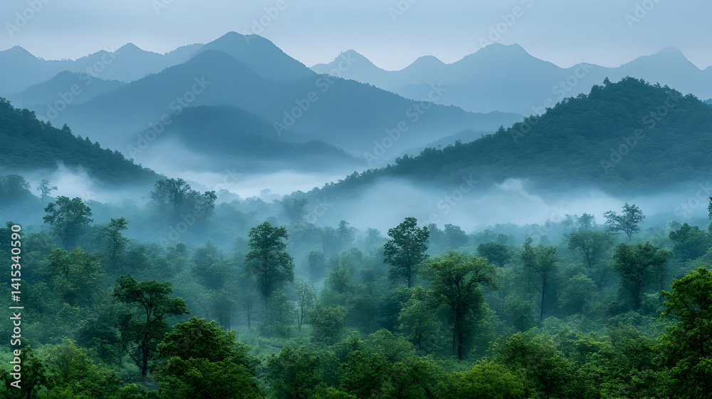 Obraz premium Misty Blue Mountains and Lush Green Forest Landscape