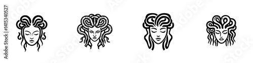 Iconic vector illustration of four stylized female heads with intricate hairstyles representing different mythological themes