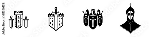 Vector illustration of medieval symbols featuring swords, shields, and a cloaked figure representing chivalry and valor in a historical context