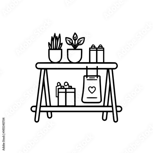 Vector illustration of a shelf with potted plants, gift boxes, and a tote bag, ideal for home decor and design themes