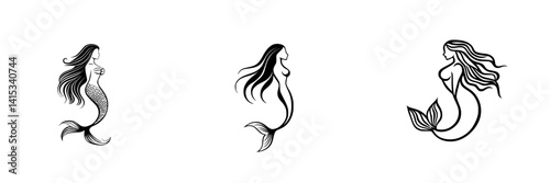 Vector illustration of three unique mermaid designs showcasing different poses and styles in a minimalist black and white aesthetic