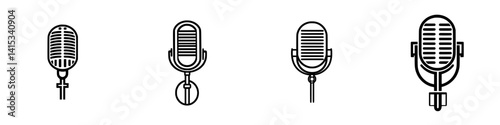 Stylized vector illustration of various microphone designs suitable for music and broadcasting industries