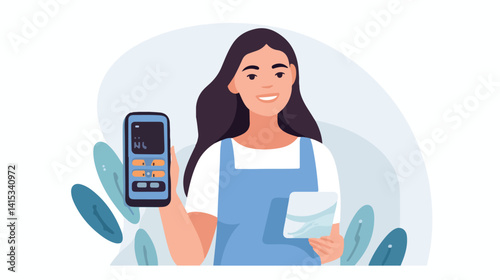 Young Woman Using Payment Terminal with Credit Card on White Background