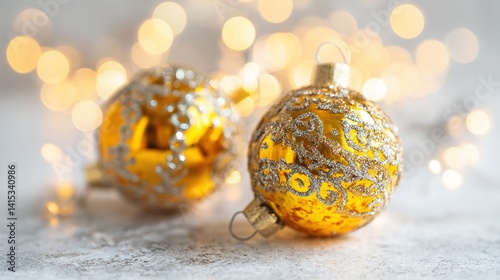 The image shows two exquisitely detailed gold Christmas ornaments with delicate silver patterns on their surfaces. appropriate for holiday-themed promotions or decorations.