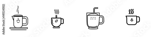 Vector illustration icons of various types of beverage cups and kettles representing different drink styles and preparation methods