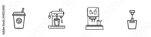 Vector illustration icons depicting a beverage cup, espresso machine, drink dispenser, and plant pot in a minimalist style