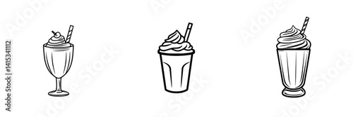 Vector illustration of dessert drinks featuring milkshakes and sundaes served in various glassware styles