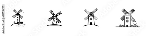Vector illustration of four unique windmill designs on hills with various details and styles