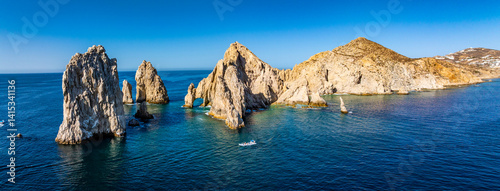 El Arco de Cabo San Lucas, Baja California Sur, Mexico,  panoramic aerial view of Lands End, the southernmost tip of the Baja California peninsula, located in the Pacific Ocean - with 1 tourist boat 