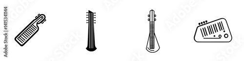 Collection of vector illustration icons representing various string instruments used in different musical genres and styles