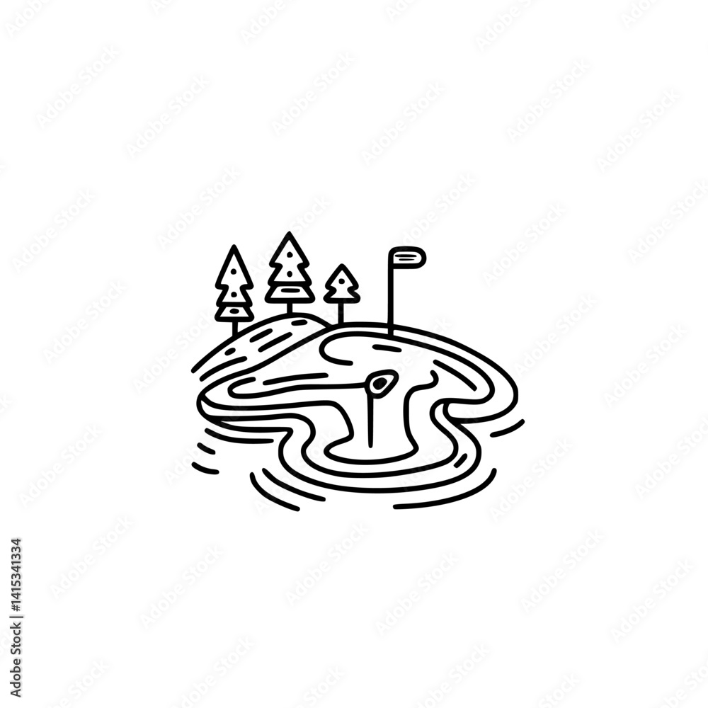 Obraz premium Vector illustration of a golf course with water hazard and trees in a serene landscape