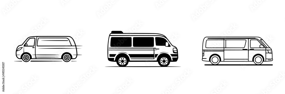 Vector illustration of three distinct van designs showcasing different angles and styles for transportation concepts Vector illustration of three distinct van designs showcasing different angles and styles for transportation concepts