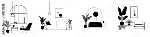 Stylish vector illustration of modern living room designs with plants and furniture showcasing minimalist aesthetics and comfort