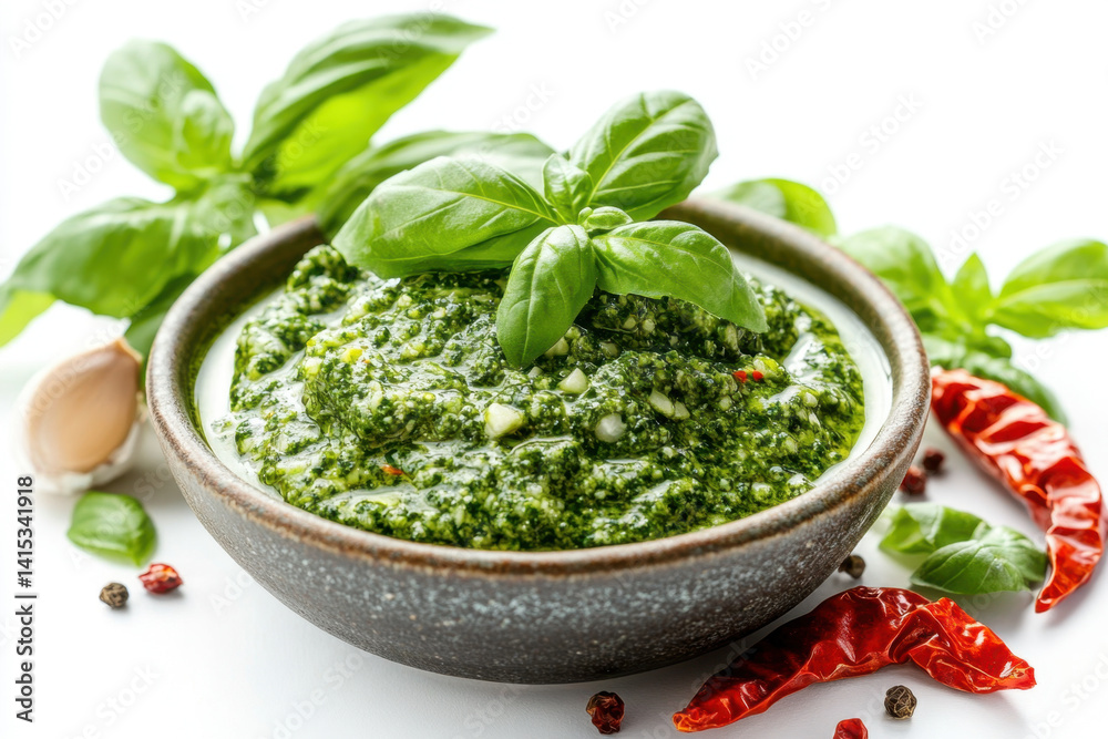 Bowl of pesto pasta garnished with basil leaves and pepper - delicious and visually appealing Italian dish ready to be enjoyed. Bowl of pesto pasta garnished with basil leaves and pepper - delicious and visually appealing Italian dish ready to be enjoyed.