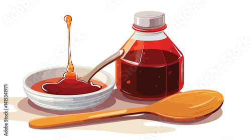 Maple Syrup Bottle and Spoon Spill on White Background