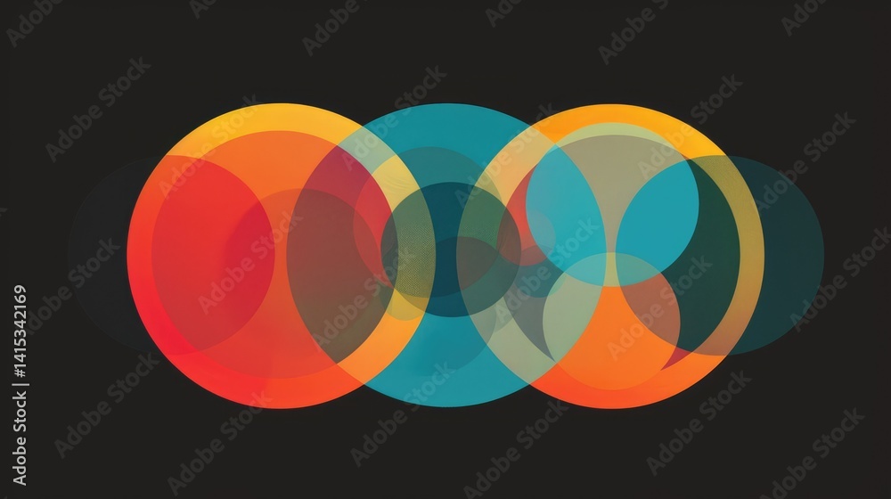Obraz premium Abstract design featuring overlapping circles in vibrant colors, creating a dynamic visual effect on a dark background