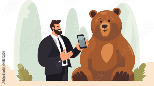 Brown Bear Making Video Call with Normal Guy Talking EPS Vector Illustration