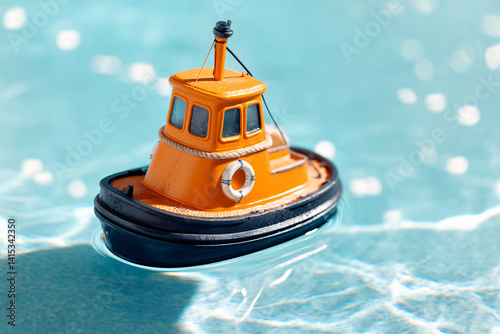 miniature orange tugboat toy drifting on calm azure swimming pool water