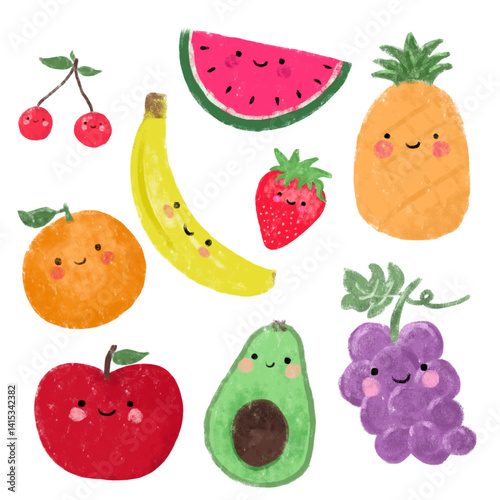 Set collections kawaii cute healthy fruits doodle kids crayon watercolour illustration diet vegan vegetarian happy face smile nursery wall art design clipart element
