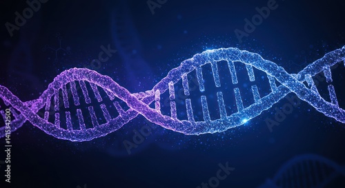 Double helix dna structure in blue and purple on a dark background.