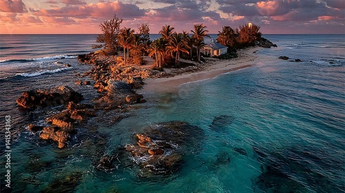 Obraz na płótnie Serene Island Landscape with Palm Trees and Calm Ocean Waters at Dusk w salonie
