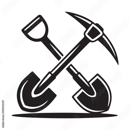 Shovel and pickaxe icon. Vector Black silhouettes icon isolated on white background. Shovel and pick axe. Simple icon. Web site page and mobile app design element.