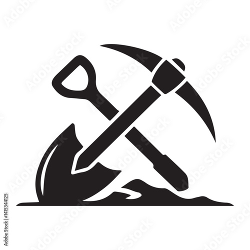Shovel and pickaxe icon. Vector Black silhouettes icon isolated on white background. Shovel and pick axe. Simple icon. Web site page and mobile app design element.