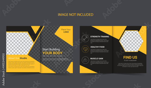 Modern 4 pages fitness gym  collection with abstract shapes bi- fold gym body building brochure design