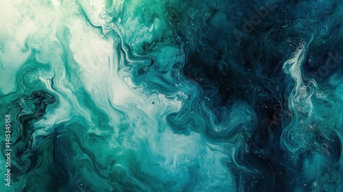 Abstract teal and white paint swirls create a mesmerizing effect. photo