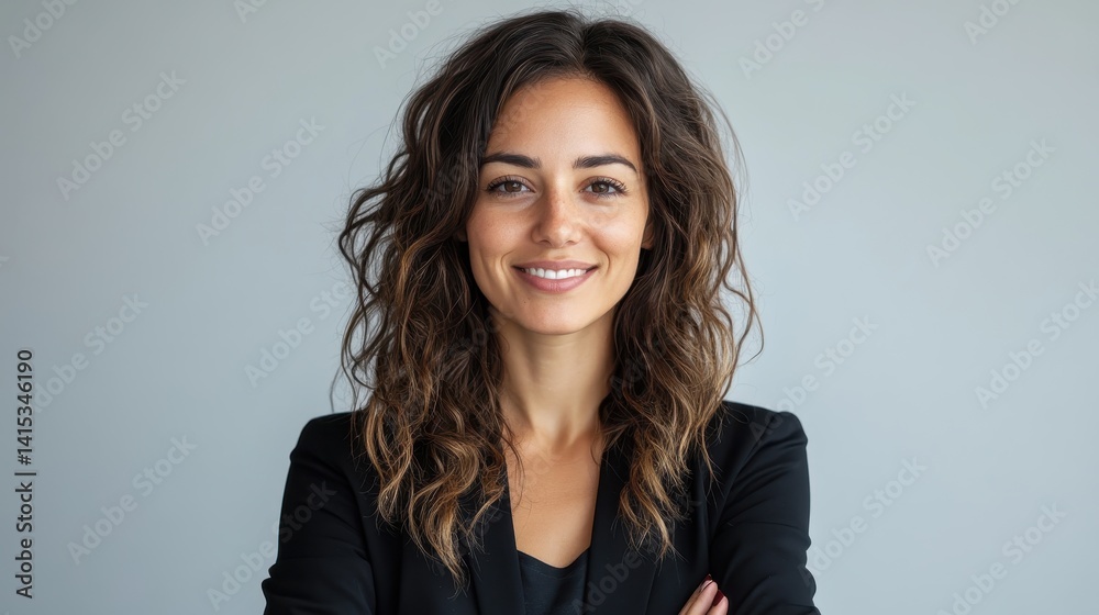 Fototapeta premium Confident woman in black blazer smiles against a gray background. Use for business, leadership, or professional success concepts.