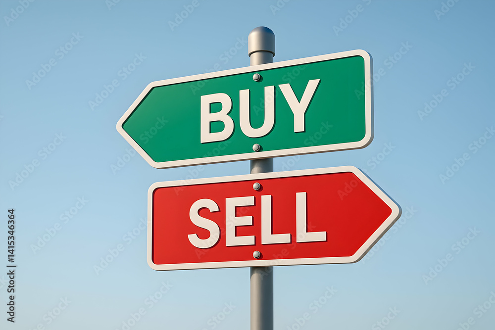 Signpost indicating buy and sell directions. Signpost indicating buy and sell directions.