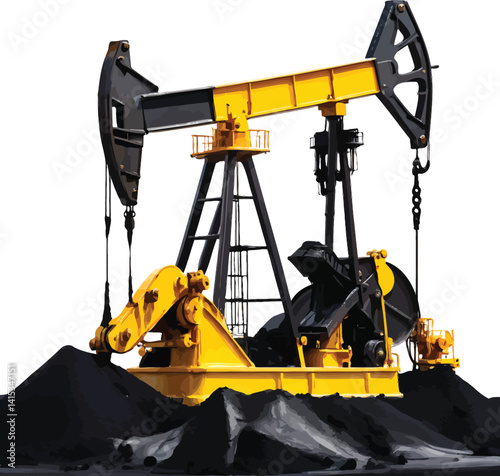 Silhouette of an oil pump jack and drilling rig against a sunset sky in an industrial oilfield