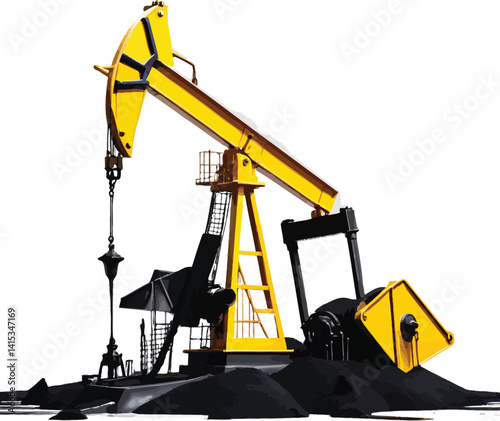 A yellow oil pump jack and oil drilling rig at a busy industrial harbor with cranes, cargo ships, and heavy machinery under a blue sky, showing the process of oil extraction and transportation
