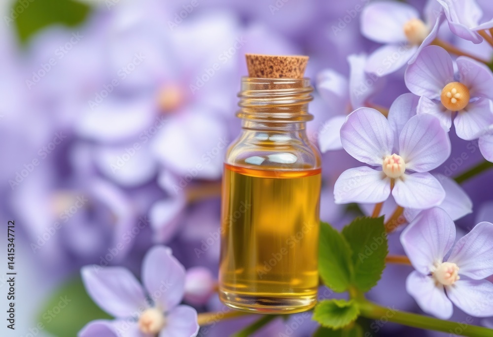 A small bottle of essential oil sits amongst vibrant purple flowers Natural aromatherapy product A small bottle of essential oil sits amongst vibrant purple flowers Natural aromatherapy product