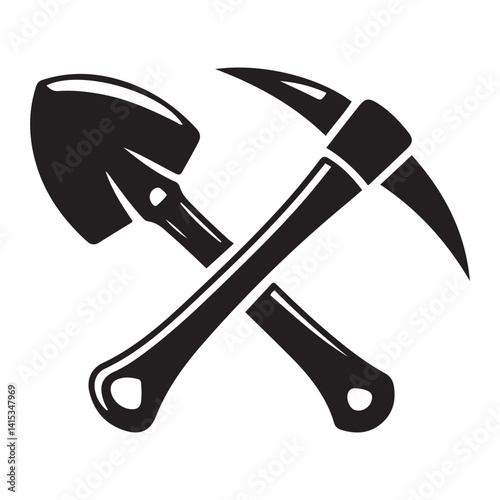 Shovel and pickaxe icon. Vector Black silhouettes icon isolated on white background. Shovel and pick axe. Simple icon. Web site page and mobile app design element.
