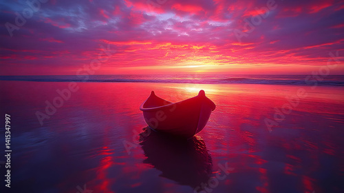 Red Sunset Over Ocean with Small Boat